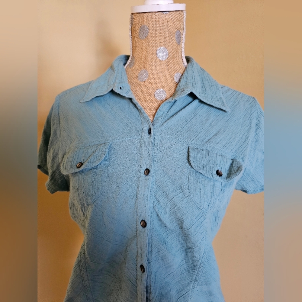 J Jill Relaxed Cotton Gauze Button Up | Teal | Size Medium Petite Short Sleeve - Picture 4 of 5